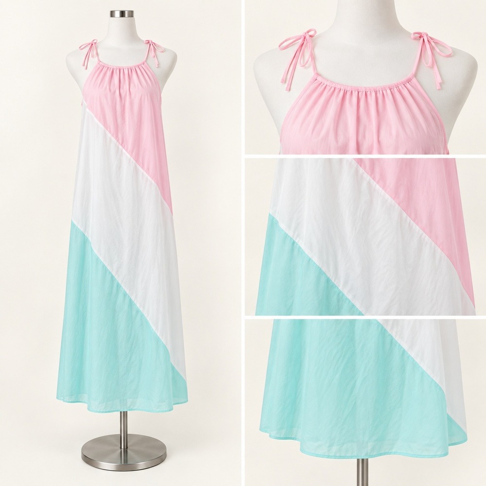 VTG Fairy Nightgown Pastel Colorblock Halter Slip Small Pink White Blue